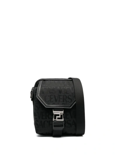 Versace Logo Jacquard Nylon Messenger Bag In Black