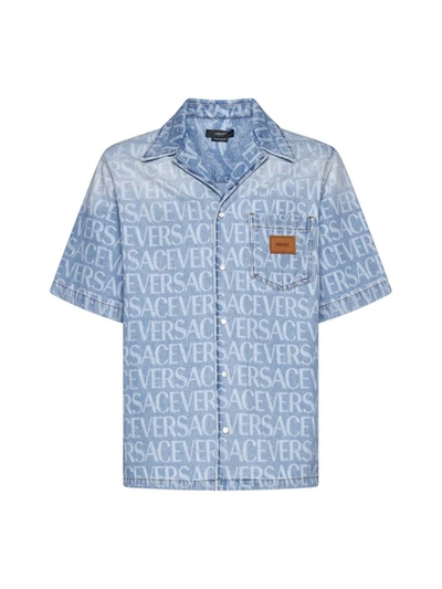 Versace Monogram Cotton Denim Shirt In Multicolor