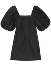 Ganni Cotton Poplin Puff Sleeve Mini Dress In Black