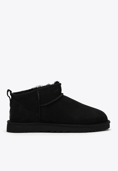 Ugg Classic Ultra Mini Low Heels Ankle Boots In Black Suede
