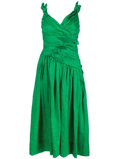 Zimmermann Tiggy Bow-embellished Linen Midi Dress In Verde