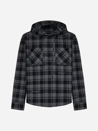 Off-white Check Flannel Hooded Shirt In Dark Grey,black