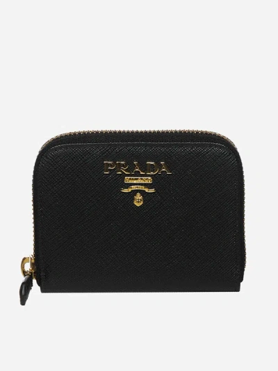 Prada Saffiano Leather Zip Around Mini Wallet In Black
