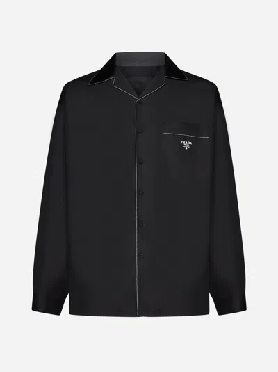 Prada Men Logo Silk Shirt In Black