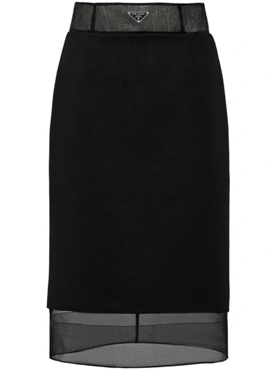 Prada Enamel Triangle-logo Wool Skirt In Nero