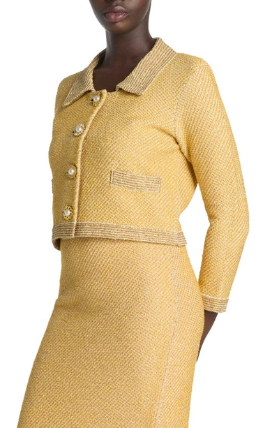 St John Sequin Stretch Twill Knit 3/4 Sleeve Jacket In Golden Rod/light Khaki Multi