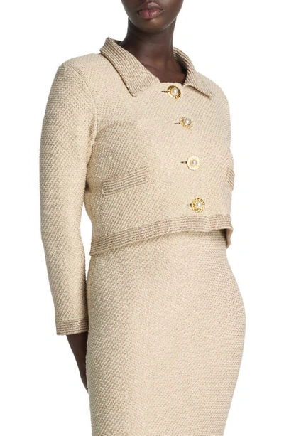 St. John Paillette Twill Bracelet-sleeve Crop Jacket In Light Beige Multi