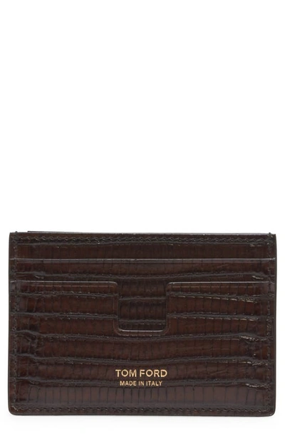 Tom Ford Brown Croc-embossed Tf Card Holder In Chocolate Brown