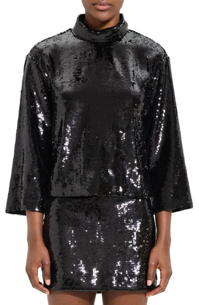 Theory Women's Fluid Sequin Long-sleeve Roll Neck Top In Black