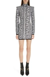 Balmain Long Sleeved Bodycon Dress With Jacquard Animalier Motif In Black/ White