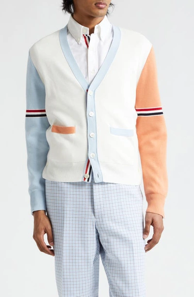 THOM BROWNE MILANO STITCH COLORBLOCK COTTON V-NECK CARDIGAN