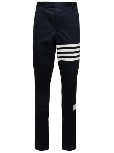 THOM BROWNE NAVY BLUE PANTS WITH 4 BAR DETAIL IN COTTON MAN