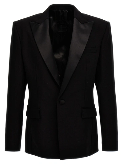 Balmain Single-breasted Satin Wool Blazer In Black
