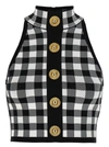 Balmain Cropped Button-embellished Gingham Knitted Top