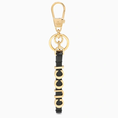 Gucci Black And Gold Leather Keyring With Logo Women In Silver