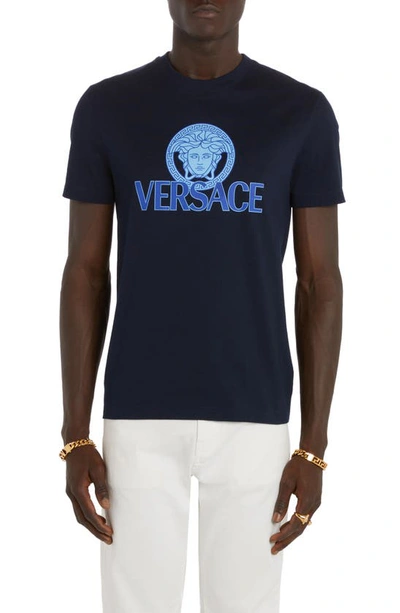 Versace Medusa-print Cotton T-shirt In Blue