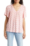 Caslon Print V-neck Gauze Top In White- Coral Tile Geo
