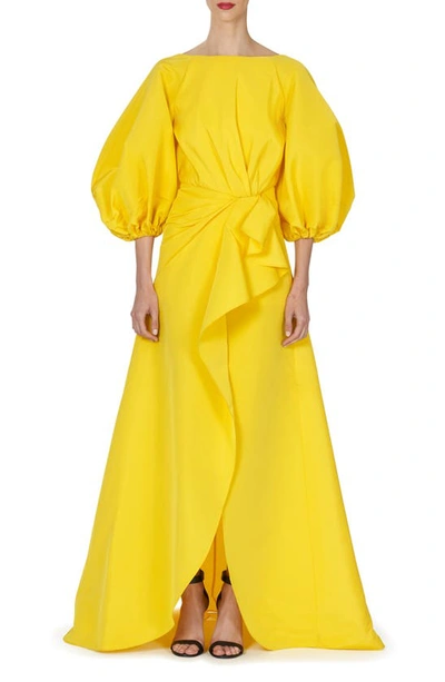 CAROLINA HERRERA SHIRRED PUFF SLEEVE SILK SARONG GOWN