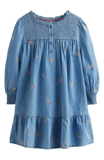 Mini Boden Kids' Embroidered Shirred Dress Scattered Rainbow Embroidery Girls Boden