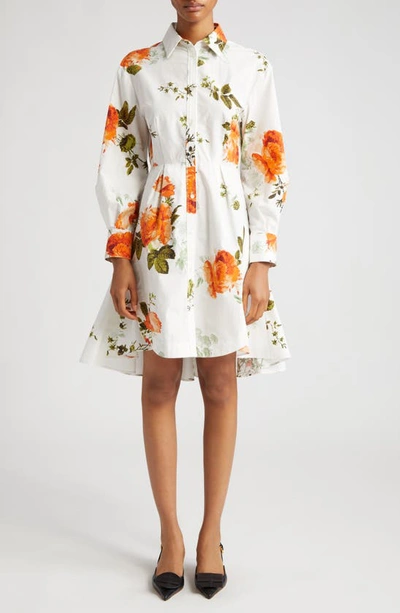 Moncler X Rick Owens Floral-print Pleated-back Long-sleeve Mini Shirtdress In Black