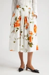 ERDEM FLORAL PRINT PLEATED COTTON POPLIN A-LINE MIDI SKIRT