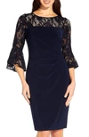 ADRIANNA PAPELL BELL SLEEVE ILLUSION NECK SHEATH DRESS IN NAVY