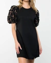 THML TEXTURED SEQUIN PUFF SLEEVE DRESS IN BLACK