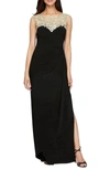 ALEX EVENINGS EMBROIDERED FLORAL ILLUSION LONG JERSEY GOWN IN BLACK