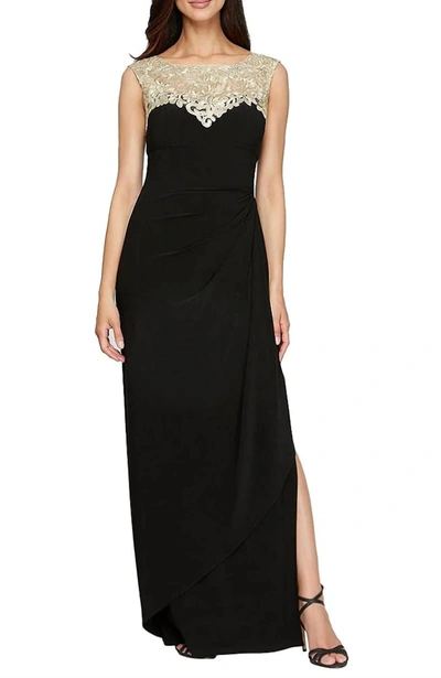 Alex Evenings Embroidered Floral Illusion Long Jersey Gown In Black
