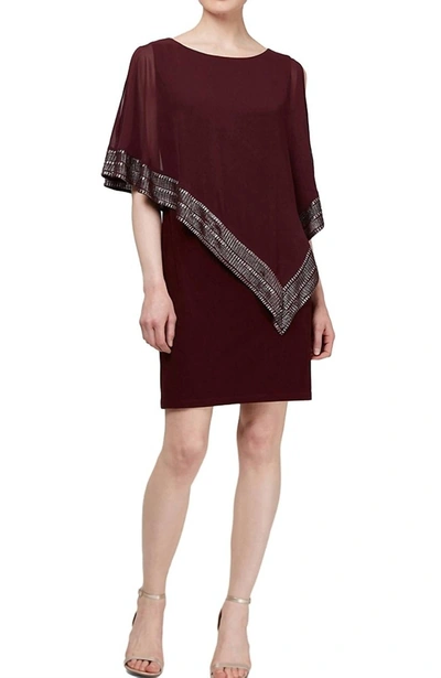 Alex Evenings Capelet Sleeve Asymmetrical Popover Knit Dress In Fig In Red