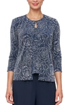 ALEX EVENINGS FLOWER PRINTED TWINSET WITH HOOK NECK CLOSURE JACKET IN DARK NAVY