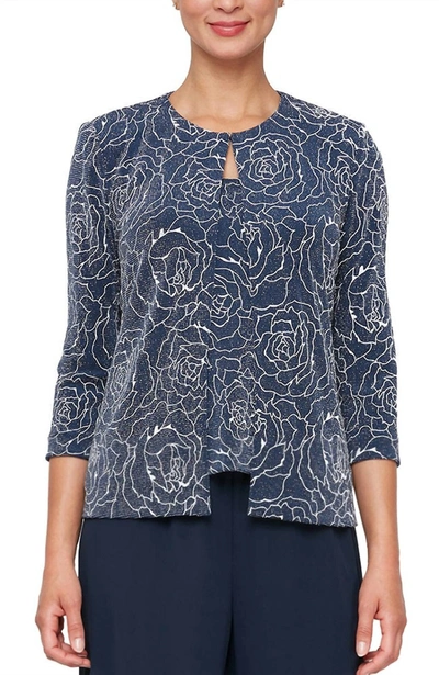 Alex Evenings Flower Printed Twinset With Hook Neck Closure Jacket In Dark Navy In Blue