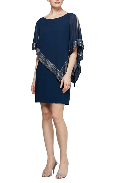 Alex Evenings Capelet Sleeve Asymmetrical Popover Knit Dress In Navy In Blue
