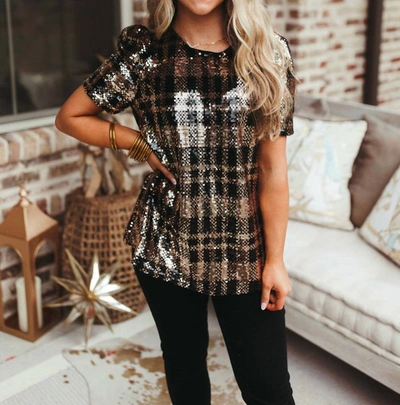 Thml Plaid Sequin Short Sleeve Top In Black/gold