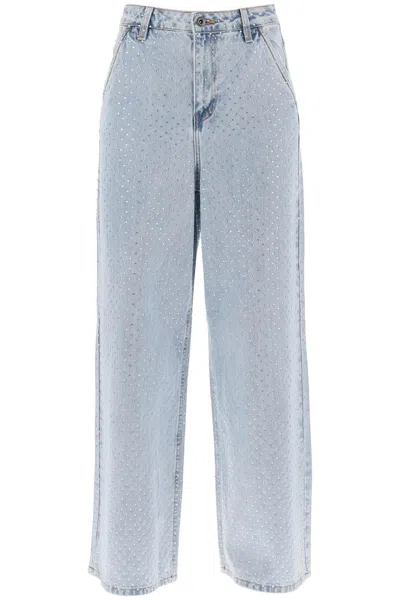 Self-portrait Rhinestone-studded Wide Leg Jeans In Light Blue