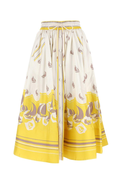 Zimmermann Snap-detailed Printed Silk-satin Midi Skirt In Yellow