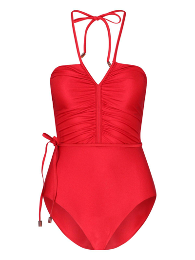 Zimmermann Clover Ruched Halter One-piece Swimsuit In Red