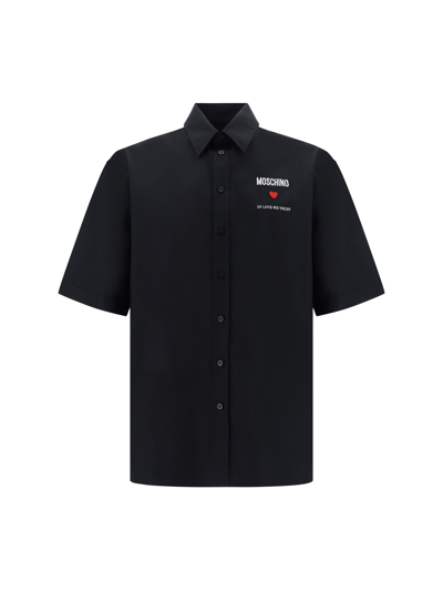 Moschino Slogan-embroidered Cotton Shirt In Black