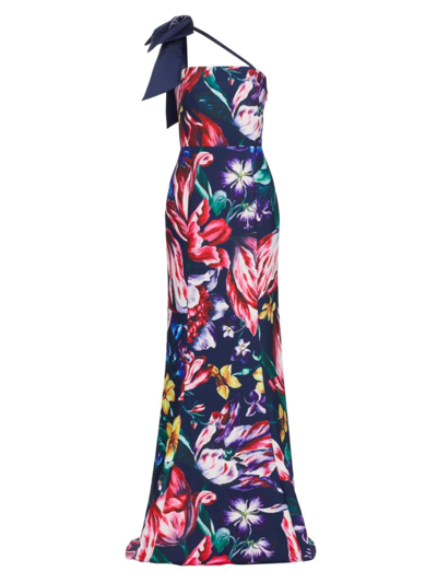 Marchesa Notte Women's Asymmetric Floral Mikado Satin Gown In Navy Multi