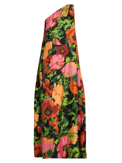 La Doublej Roy Floral One-shoulder Maxi Silk Twill Dress In Black