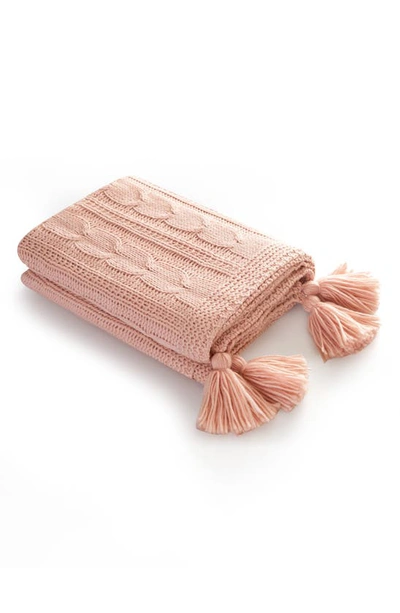 Chic Kerri Cable Knit Fringe Throw Blanket In Blush