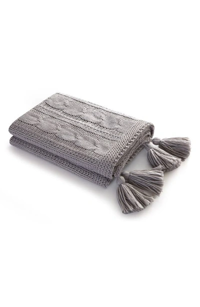 Chic Kerri Cable Knit Fringe Throw Blanket In Grey