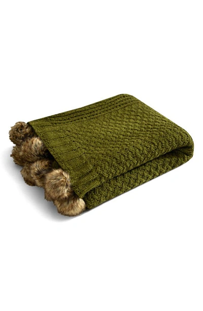 Chic Rebekah Faux Fur Pompom Fringe Throw Blanket In Green