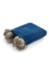 Chic Rebekah Faux Fur Pompom Fringe Throw Blanket In Blue