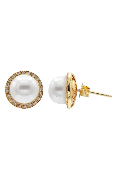 House Of Frosted Freshwater Pearl & Diamond Stud Earrings In Gold