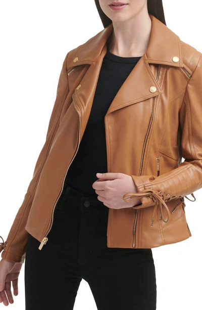 Guess Faux Leather Laced Moto Jacket In Honey