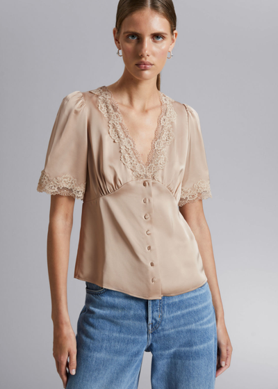 Other Stories Lace Trimmed Satin Blouse In Beige