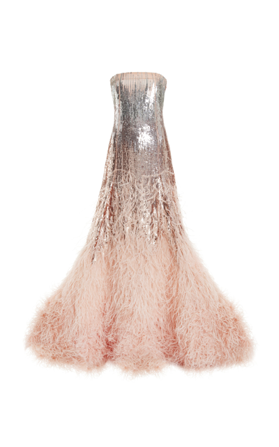 Oscar De La Renta Feathered Silk Gown In Light Pink
