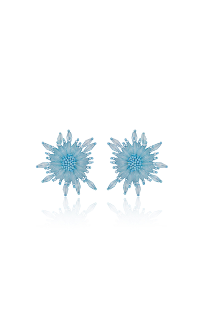 Oscar De La Renta Beaded Wild Flower Button Plexy Earrings In Blue