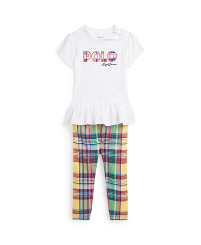 Polo Ralph Lauren Baby Girls Logo Jersey T-shirt And Plaid Leggings Set In Sunshine Madras With Bright Pink